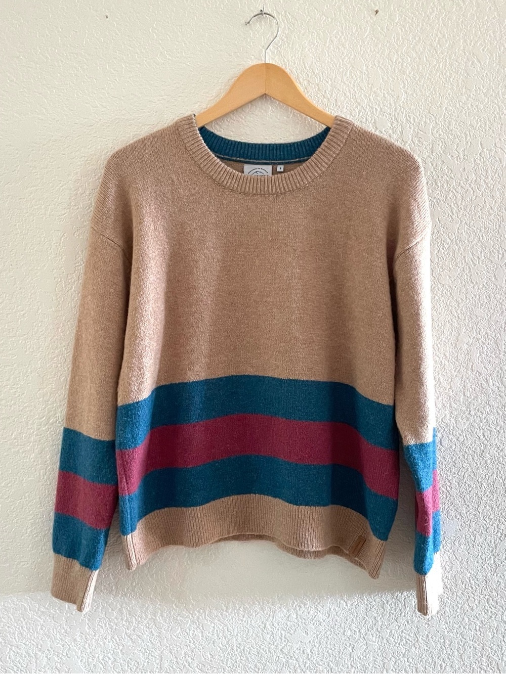 Passenger Colorblock Crewneck Stripe Sweater Tan Sz Small Gorpcore Grandpa Cozy